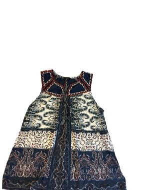 Lucky Brand Navy Boho Embroidered Sleeveless Dress with Red Accents